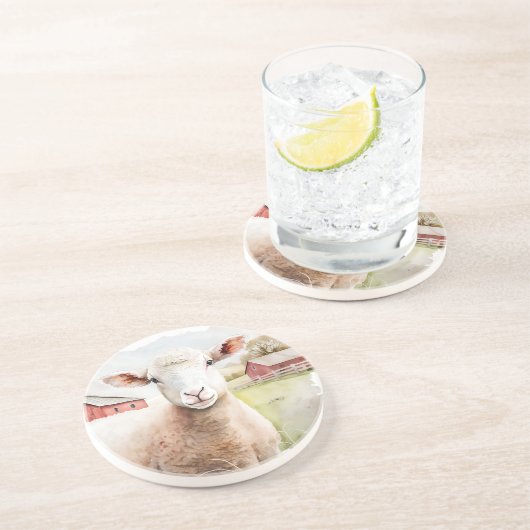 Aquarellschaf mit rotem Stall Getränkeuntersetzer (Seite)