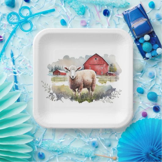 Aquarellschaf mit rotem Stall Pappteller (Party)