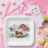 Aquarellschaf mit rotem Stall Pappteller (Party)