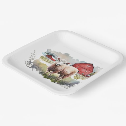 Aquarellschaf mit rotem Stall Pappteller (Gewinkelt)