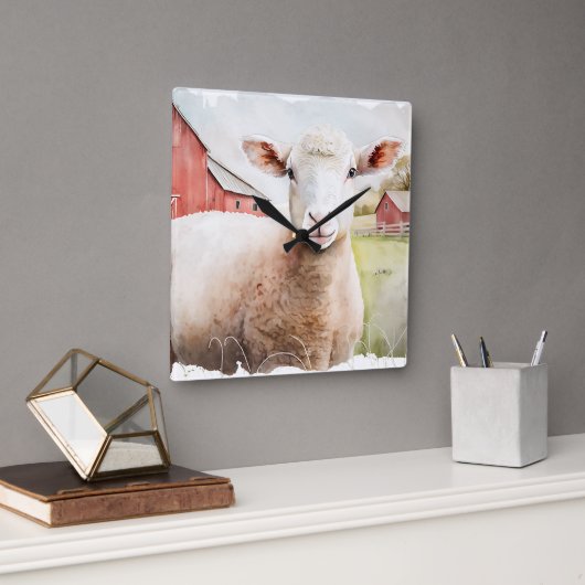 Aquarellschaf mit rotem Stall Quadratische Wanduhr (Büro)