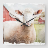 Aquarellschaf mit rotem Stall Quadratische Wanduhr (Vorderseite)