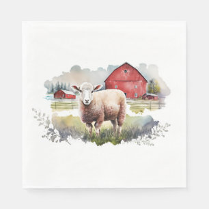 Aquarellschaf mit rotem Stall Serviette