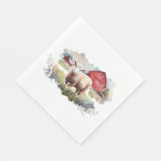 Aquarellschaf mit rotem Stall Serviette (Ecke)