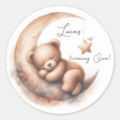 Aquarellschläfer Beiger Brauner Bär auf dem Mond Runder Aufkleber (Vorderseite)