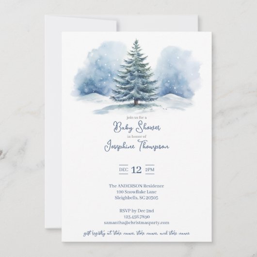 Aquarellschnee bedeckt Evergreen Babydusche Einladung (Vorderseite)