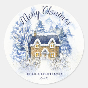 Aquarellschnee Bedeckt Vintage Hütte Weihnachten Runder Aufkleber