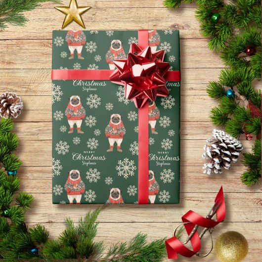 Aquarellschneeflocken Grüner Mops Weihnachten Geschenkpapier