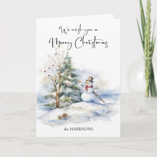 Aquarellschneemann und Frohe Weihnachtsgrüße Karte (Vorderseite)