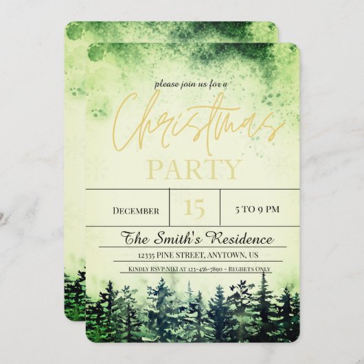 Aquarellschneewald Weihnachten Einladung (Vorne/Hinten)