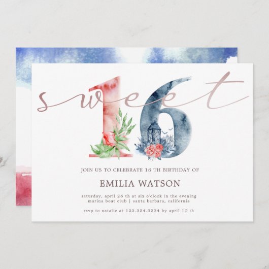 Aquarellschrift Rose Gold 16 . Geburtstag Einladung (Vorne/Hinten)