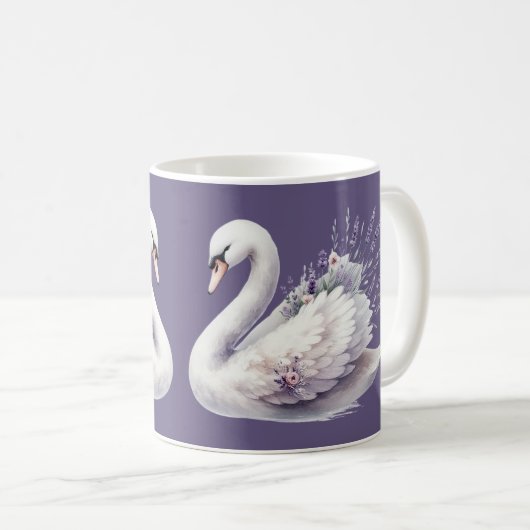 Aquarellschwan mit Lavender Florals Kaffeetasse (VorderseiteRechts)