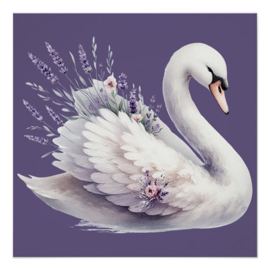 Aquarellschwan mit Lavender Florals Poster (Vorderseite)