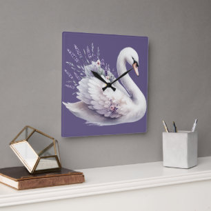 Aquarellschwan mit Lavender Florals Quadratische Wanduhr