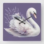 Aquarellschwan mit Lavender Florals Quadratische Wanduhr (Vorderseite)
