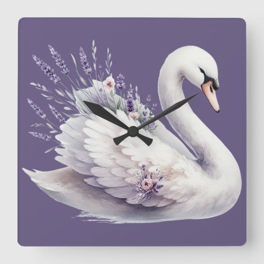 Aquarellschwan mit Lavender Florals Quadratische Wanduhr (Vorderseite)