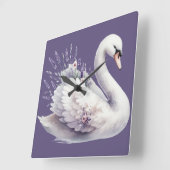 Aquarellschwan mit Lavender Florals Quadratische Wanduhr (Winkel)