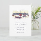 Aquarellsegelboote Hafen Probe Abendessen Einladung (Stehend Vorderseite)