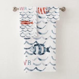Aquarellsegler rot und blau dreifach Monogramm Badhandtuch Set
