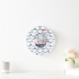 Aquarellsegler Rot und Blau Monogramm Runde Wanduhr