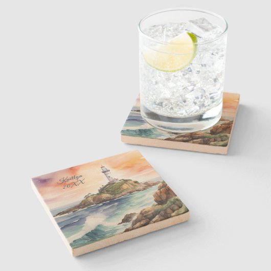 Aquarellsketch Byron Bay Lighthouse Monogram | Steinuntersetzer (Seitenansicht)