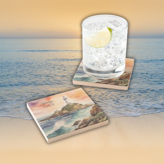 Aquarellsketch Byron Bay Lighthouse Monogram | Steinuntersetzer