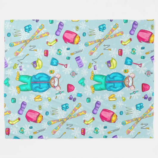 Aquarellski Pika mit Ausrüstung auf blauem Schnee Fleecedecke (Vorderseite (Horizontal))