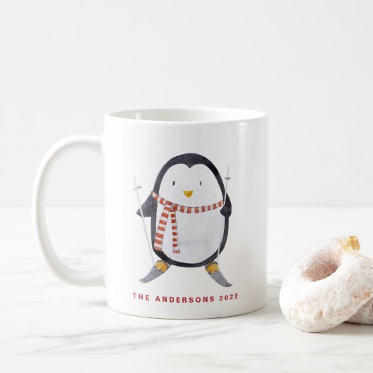 Aquarellski Pinguin Personalisierter Urlaub Kaffeetasse (Mit Donut)