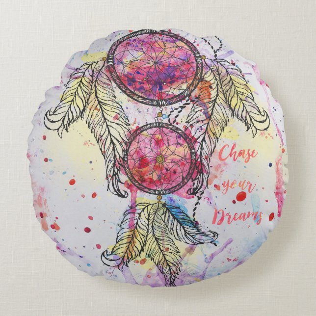 Aquarellskizze Dreamcatcher "Chase your Dreams" Rundes Kissen (Vorderseite)