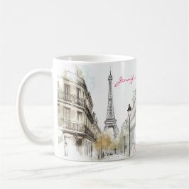 Aquarellskizze Paris Stadt mit Frauenkaffee Kaffeetasse