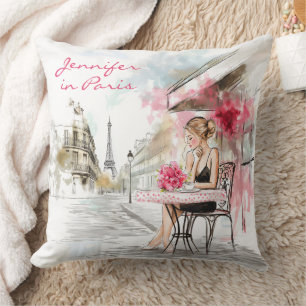 Aquarellskizze Paris Stadt mit Frauenkaffee Kissen