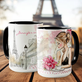 Aquarellskizze Paris Stadt mit Frauenkaffee Tasse