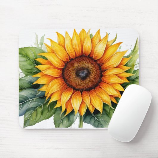 Aquarellsonnenblume mit grünem Blätter Mousepad (Mit Mouse)