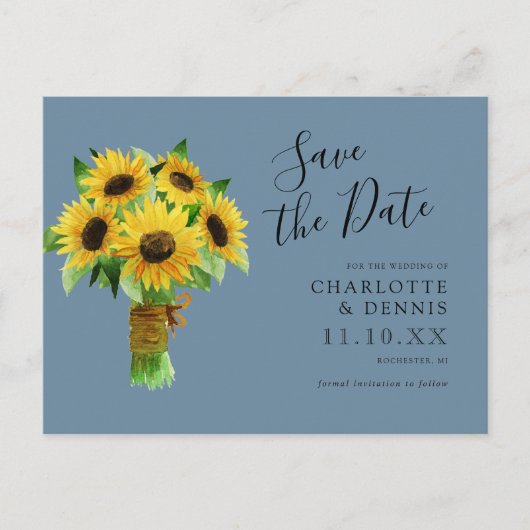Aquarellsonnenblumen Save the Date blau Postkarte (Vorderseite)