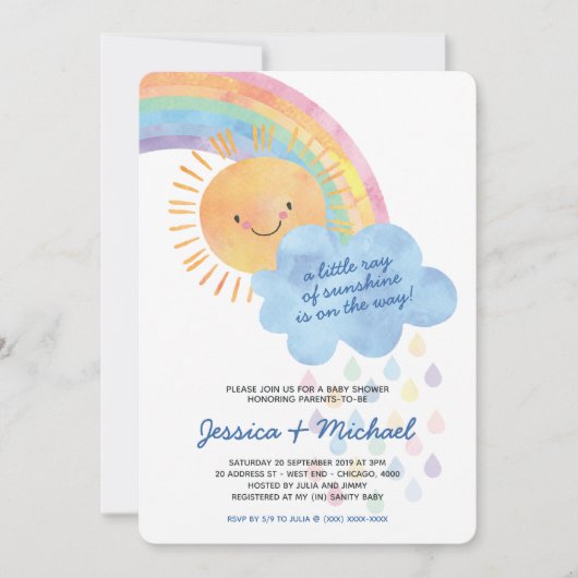 Aquarellsonnendusche und Regenbogen-Kinderdusche Einladung (Vorderseite)