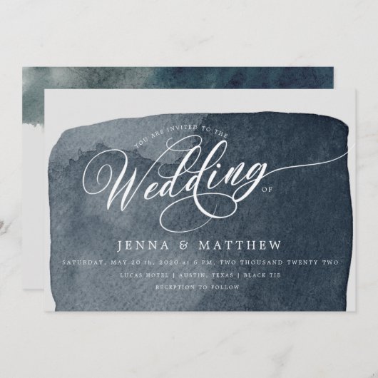 Aquarellstahlblau waschen Moderne Hochzeit Einladung (Vorne/Hinten)