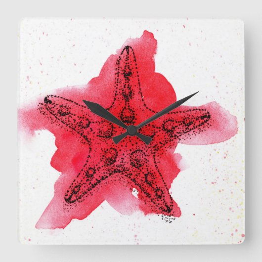 AquarellStarfish Quadratische Wanduhr (Vorderseite)