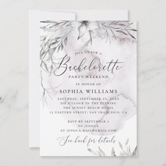 Aquarellstaub lila blumenreicher Junggeselinnen-Ab Einladung (Vorderseite)