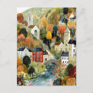 Aquarellstil Herbst Dorf Landschaft Postkarte