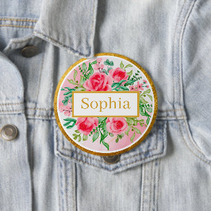 Aquarellstil rosa Rosen, grüne Blätter und Gold Button