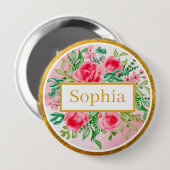 Aquarellstil rosa Rosen, grüne Blätter und Gold Button (Vorne & Hinten)