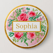 Aquarellstil rosa Rosen, grüne Blätter und Gold Button (Vorderseite)