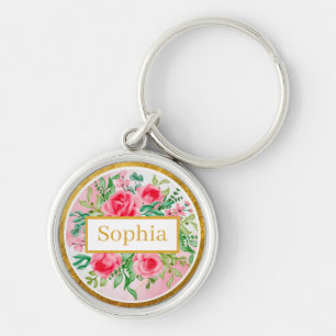 Aquarellstil rosa Rosen, grüne Blätter und Gold Schlüsselanhänger