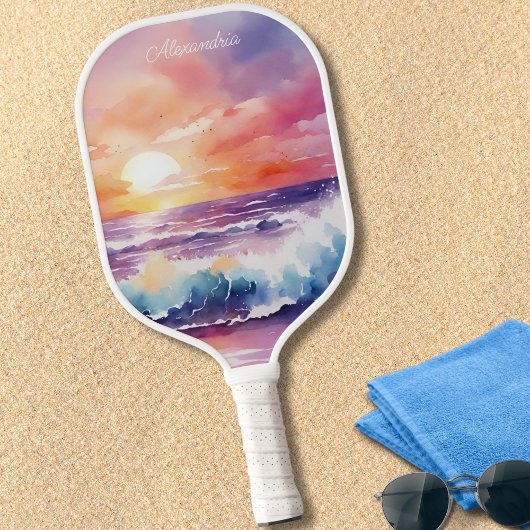 Aquarellstrahler auf der Strandmonogramm Pickleball Schläger