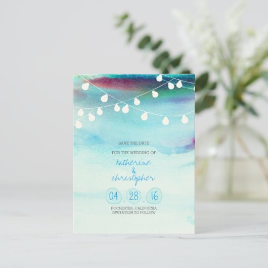 Aquarellstrand Blau Omelfarben Save the Date Ankündigungspostkarte (Stehend Vorderseite)