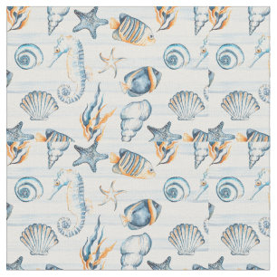 Aquarellstrand Seashell Ferienhaus Blau Stoff