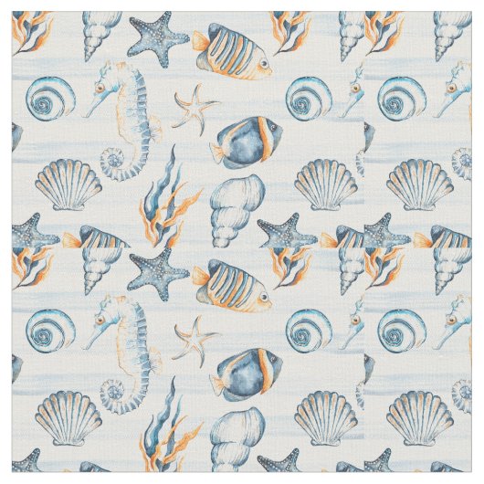 Aquarellstrand Seashell Ferienhaus Blau Stoff (Nahaufnahme)