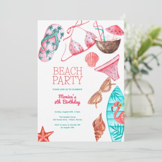Aquarellstrand Sommer Party Geburtstag Einladung (Stehend Vorderseite)