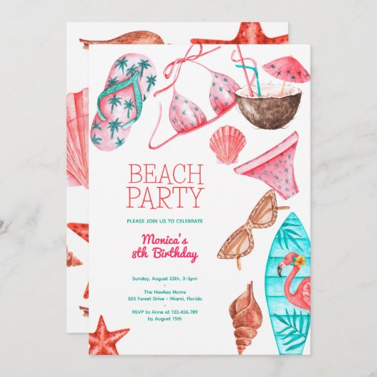 Aquarellstrand Sommer Party Geburtstag Einladung (Vorne/Hinten)