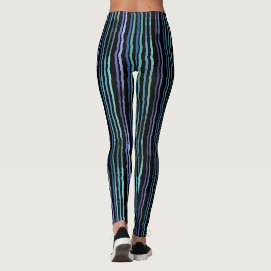 Aquarellstreifen, blau, grün, Lilac auf schwarz Leggings (Rückseite)